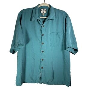 Three Palm Mens Large Teal Green 100% Silk Herringbone Short Sleeve Camp Shirt